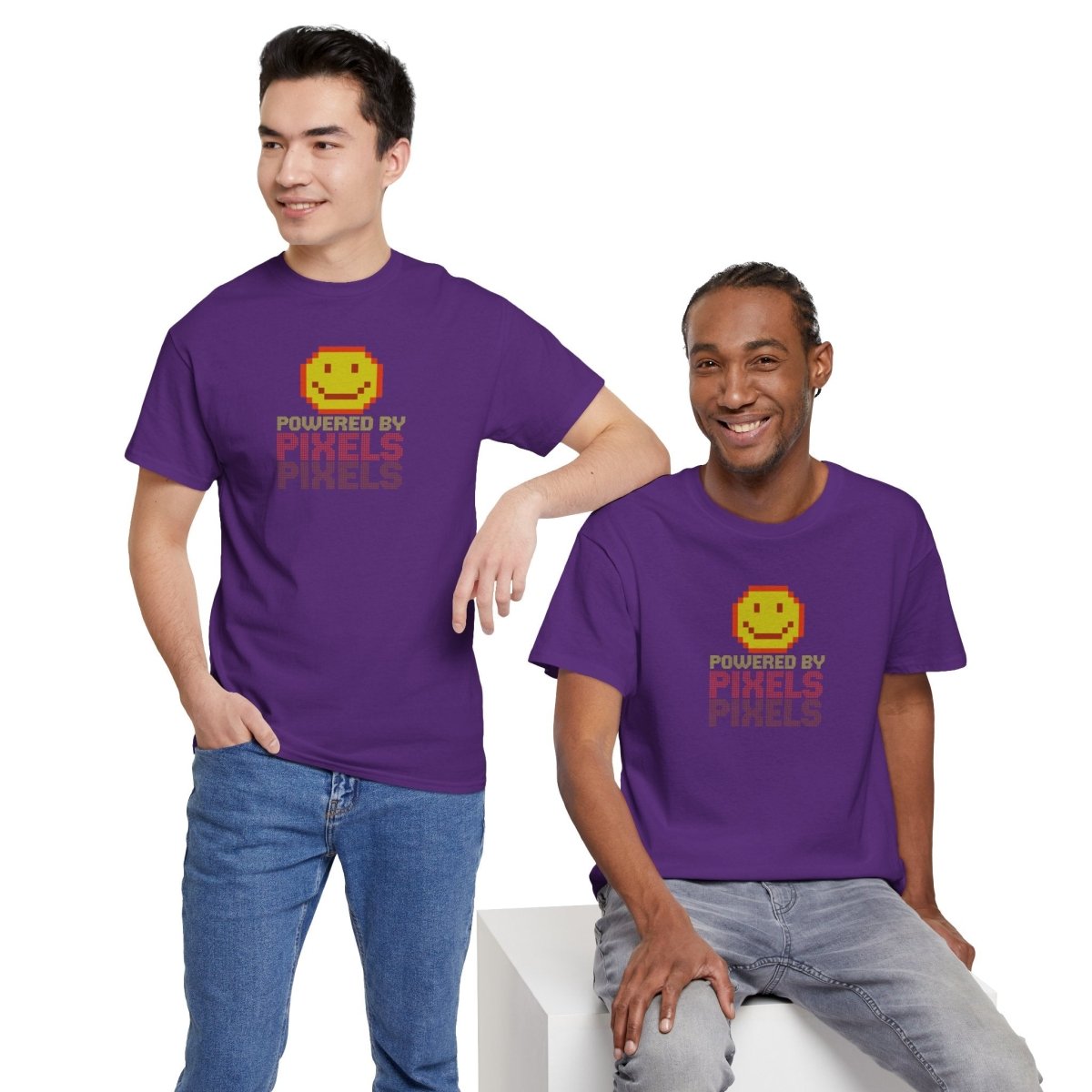 "Powered by Pixels" Unisex Tee: Retro Gamer Shirt, Cute Gaming Apparel, Gift for Gamers, Fun Graphic T-Shirt, Playful Pixelated Design CW - 2 Yellow Orange - AI Tee Hero