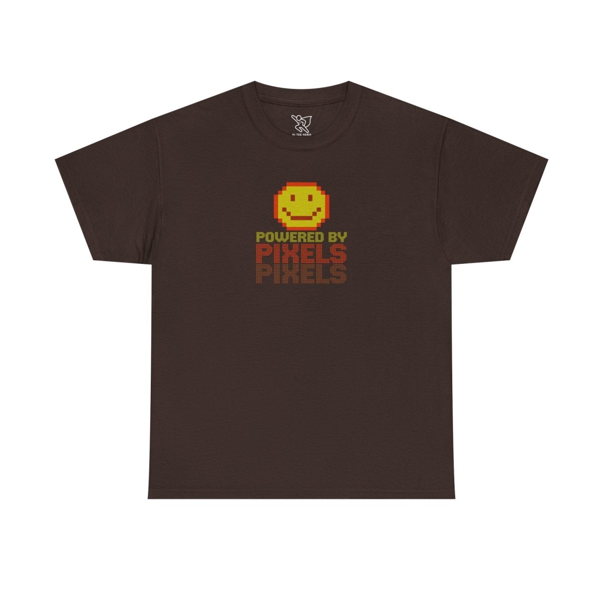 "Powered by Pixels" Unisex Tee: Retro Gamer Shirt, Cute Gaming Apparel, Gift for Gamers, Fun Graphic T-Shirt, Playful Pixelated Design CW - 2 Yellow Orange - AI Tee Hero