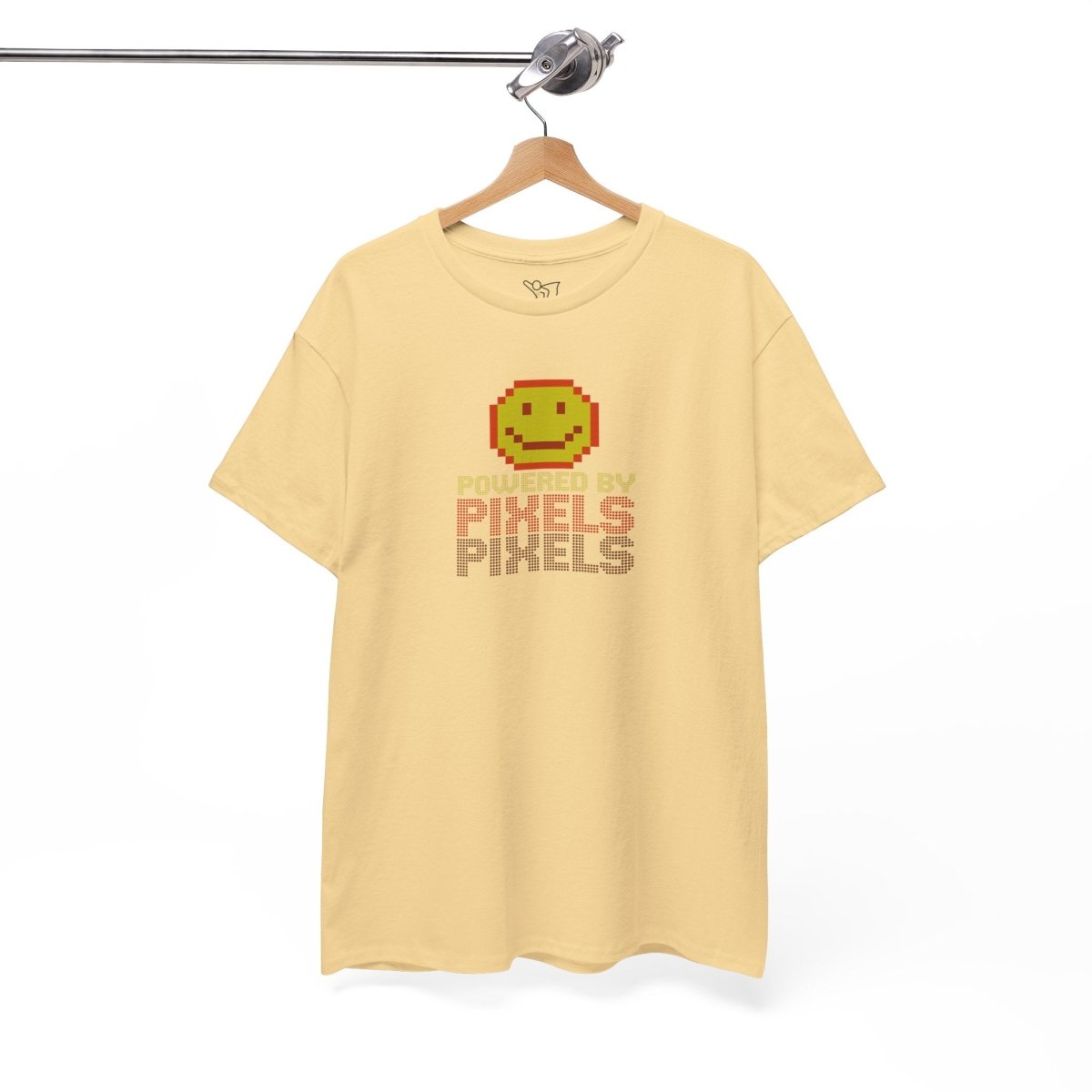 "Powered by Pixels" Unisex Tee: Retro Gamer Shirt, Cute Gaming Apparel, Gift for Gamers, Fun Graphic T-Shirt, Playful Pixelated Design CW - 2 Yellow Orange - AI Tee Hero