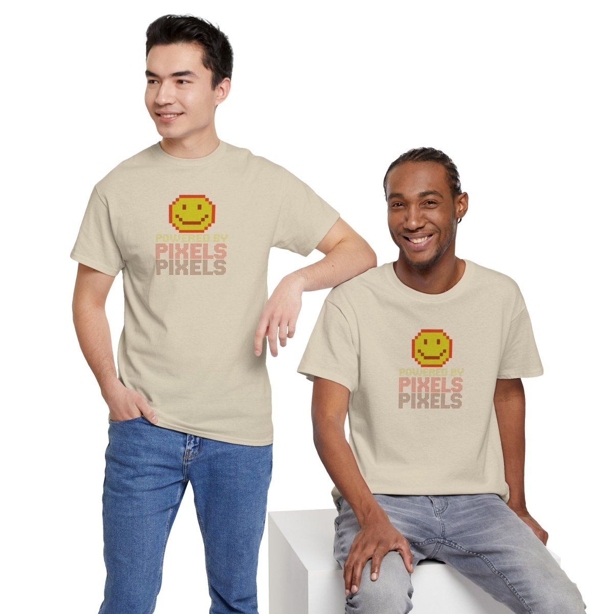 "Powered by Pixels" Unisex Tee: Retro Gamer Shirt, Cute Gaming Apparel, Gift for Gamers, Fun Graphic T-Shirt, Playful Pixelated Design CW - 2 Yellow Orange - AI Tee Hero