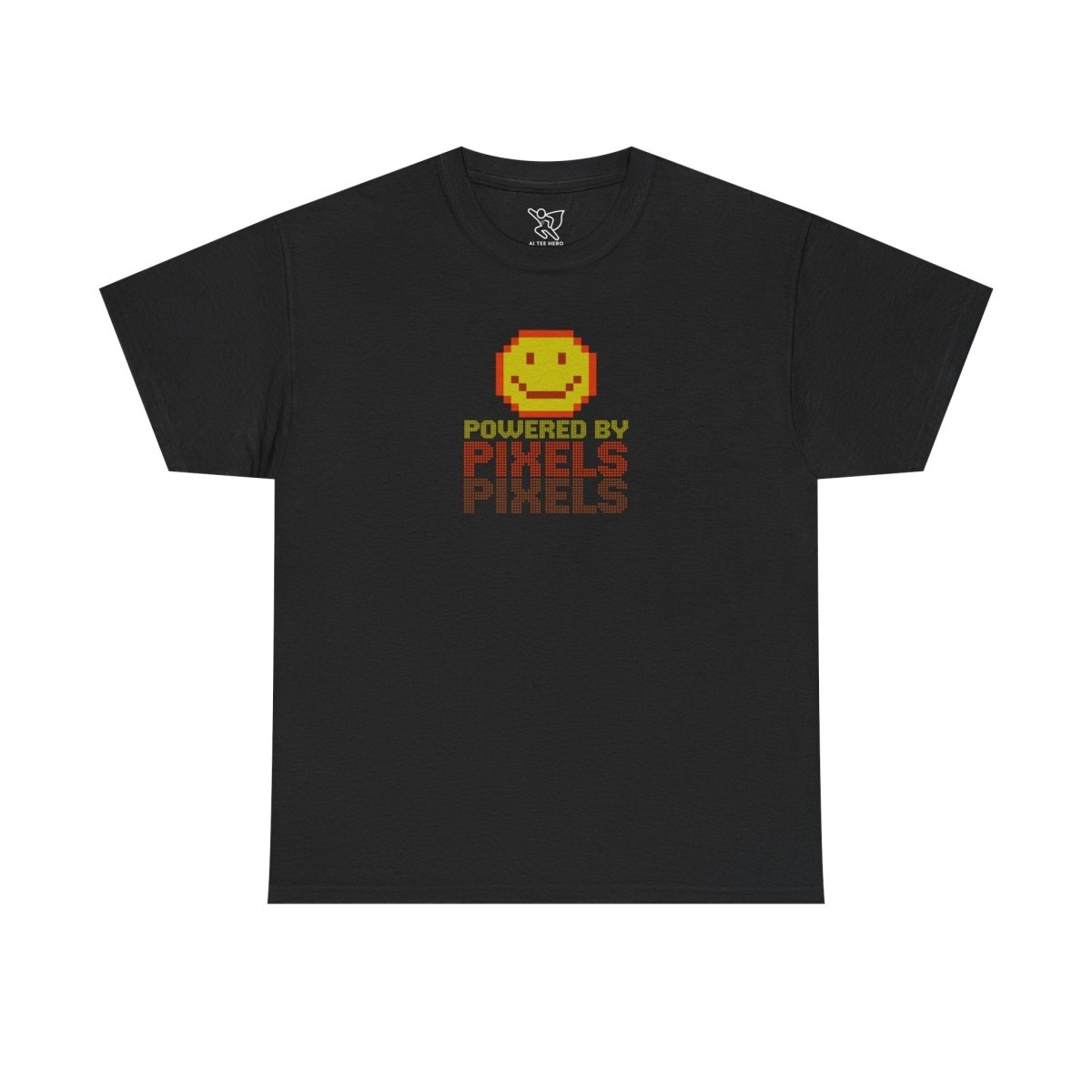 "Powered by Pixels" Unisex Tee: Retro Gamer Shirt, Cute Gaming Apparel, Gift for Gamers, Fun Graphic T-Shirt, Playful Pixelated Design CW - 2 Yellow Orange - AI Tee Hero