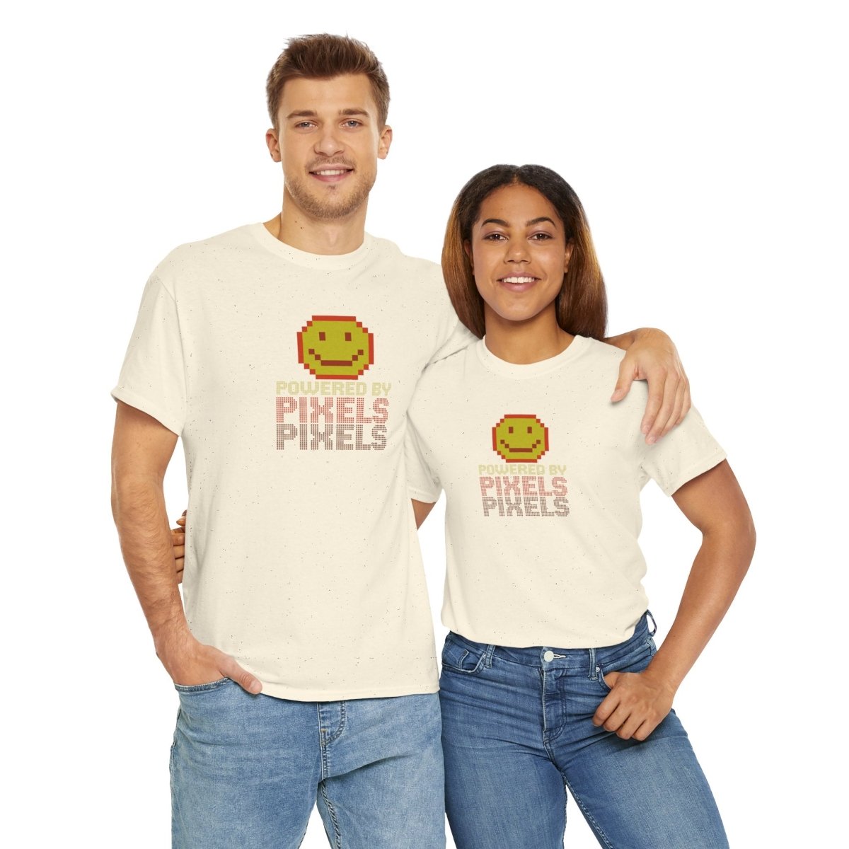 "Powered by Pixels" Unisex Tee: Retro Gamer Shirt, Cute Gaming Apparel, Gift for Gamers, Fun Graphic T-Shirt, Playful Pixelated Design CW - 2 Yellow Orange - AI Tee Hero
