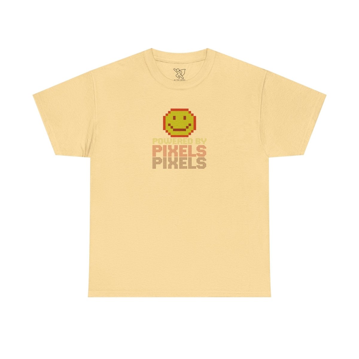 "Powered by Pixels" Unisex Tee: Retro Gamer Shirt, Cute Gaming Apparel, Gift for Gamers, Fun Graphic T-Shirt, Playful Pixelated Design CW - 2 Yellow Orange - AI Tee Hero