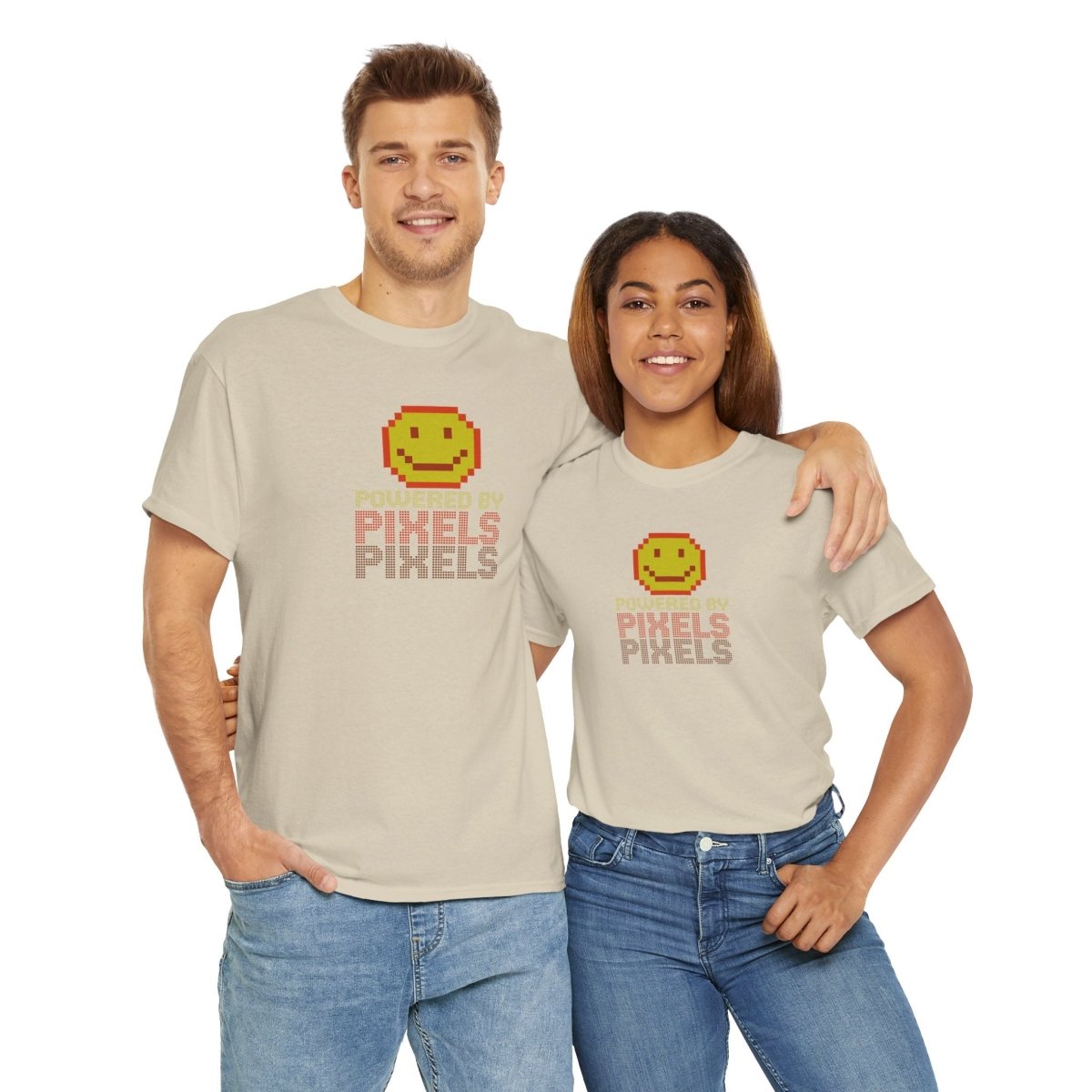 "Powered by Pixels" Unisex Tee: Retro Gamer Shirt, Cute Gaming Apparel, Gift for Gamers, Fun Graphic T-Shirt, Playful Pixelated Design CW - 2 Yellow Orange - AI Tee Hero