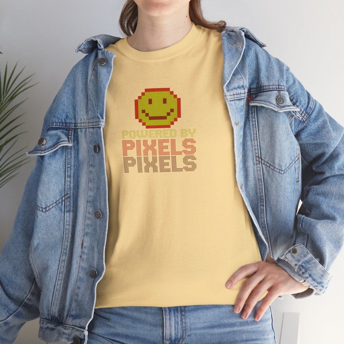 "Powered by Pixels" Unisex Tee: Retro Gamer Shirt, Cute Gaming Apparel, Gift for Gamers, Fun Graphic T-Shirt, Playful Pixelated Design CW - 2 Yellow Orange - AI Tee Hero