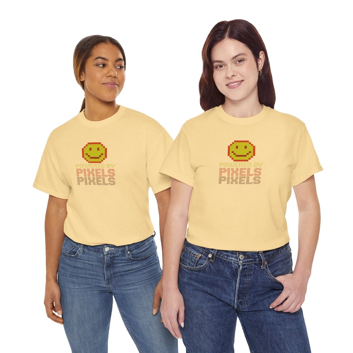 "Powered by Pixels" Unisex Tee: Retro Gamer Shirt, Cute Gaming Apparel, Gift for Gamers, Fun Graphic T-Shirt, Playful Pixelated Design CW - 2 Yellow Orange - AI Tee Hero