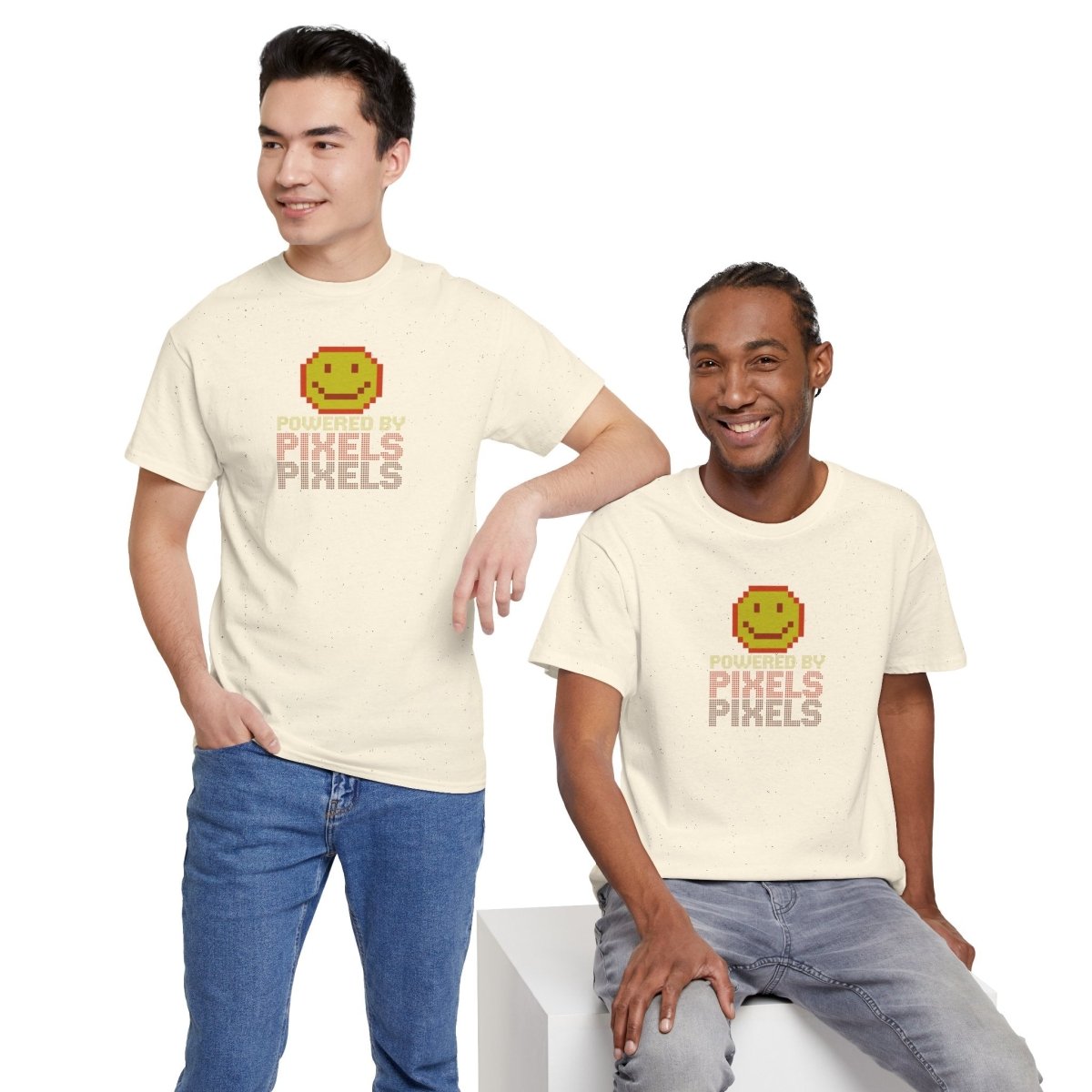 "Powered by Pixels" Unisex Tee: Retro Gamer Shirt, Cute Gaming Apparel, Gift for Gamers, Fun Graphic T-Shirt, Playful Pixelated Design CW - 2 Yellow Orange - AI Tee Hero