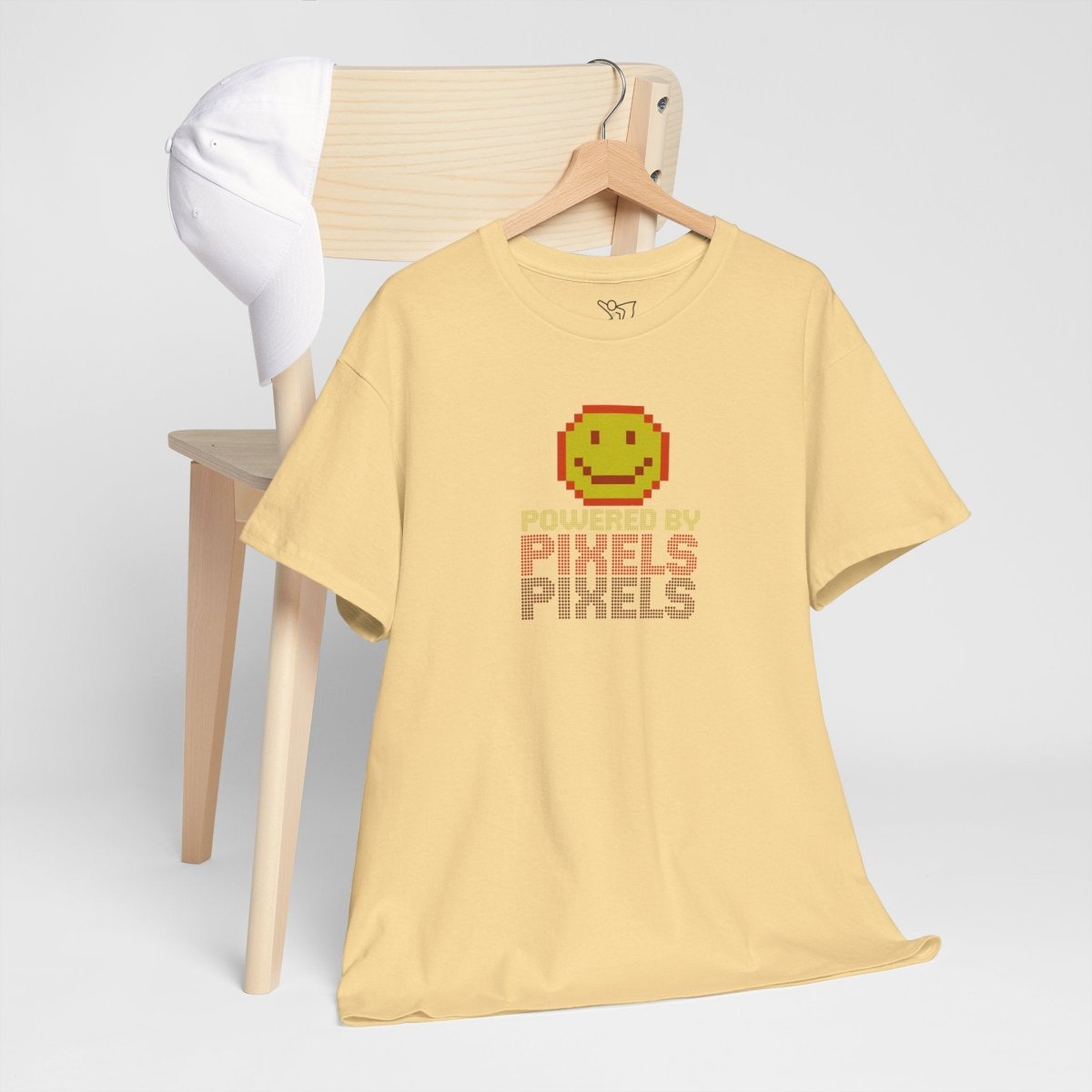 "Powered by Pixels" Unisex Tee: Retro Gamer Shirt, Cute Gaming Apparel, Gift for Gamers, Fun Graphic T-Shirt, Playful Pixelated Design CW - 2 Yellow Orange - AI Tee Hero