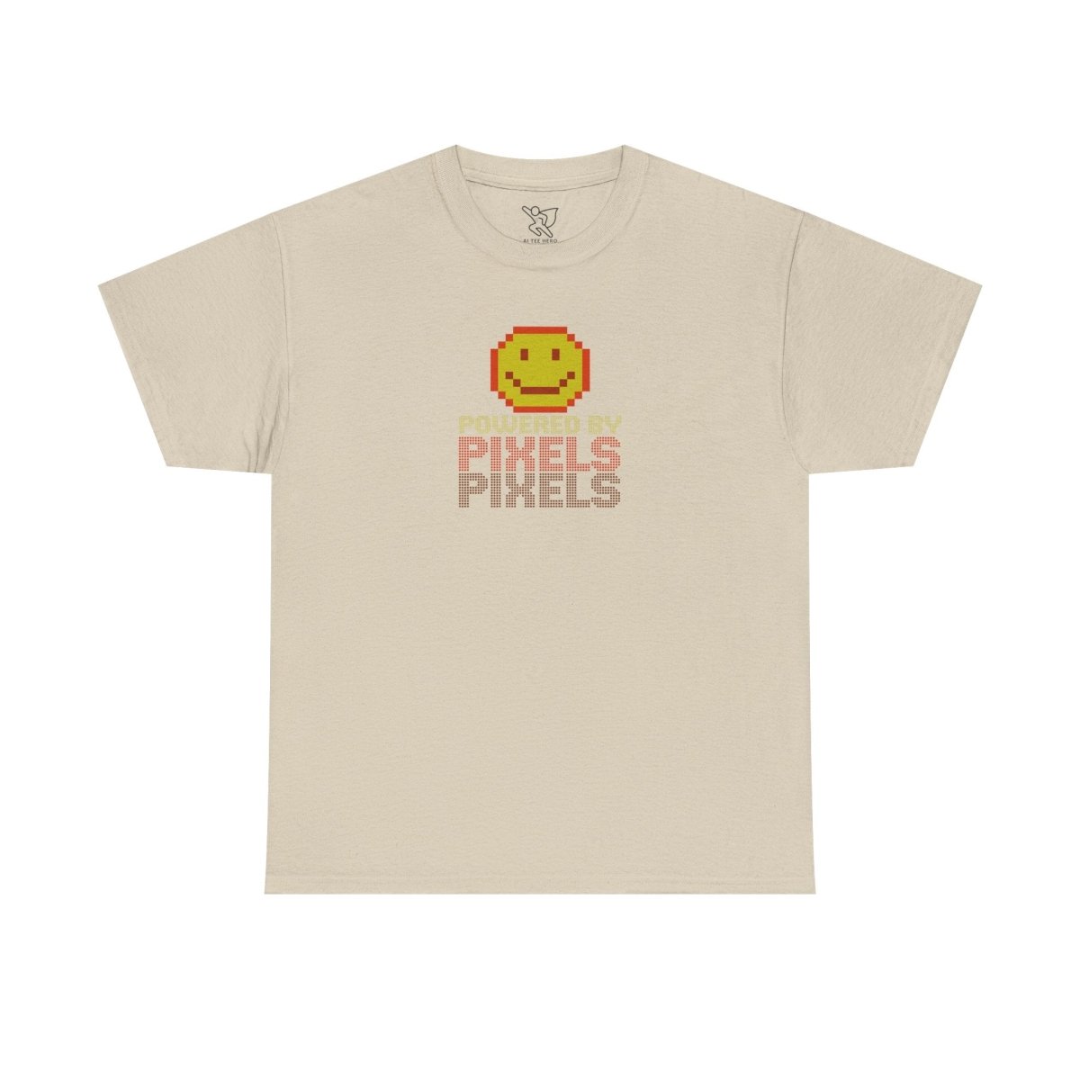 "Powered by Pixels" Unisex Tee: Retro Gamer Shirt, Cute Gaming Apparel, Gift for Gamers, Fun Graphic T-Shirt, Playful Pixelated Design CW - 2 Yellow Orange - AI Tee Hero
