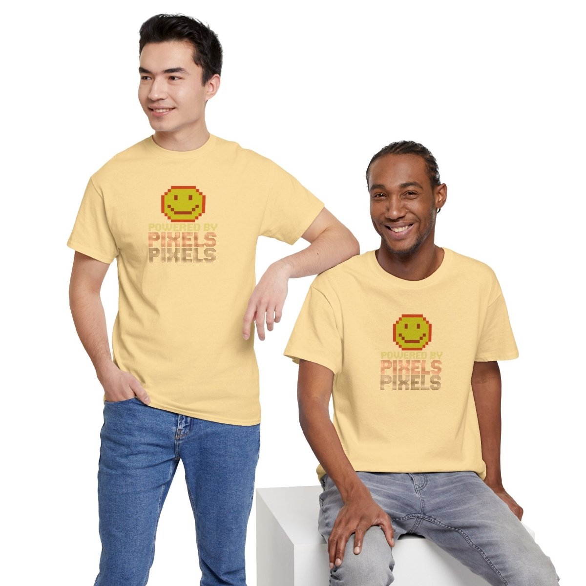 "Powered by Pixels" Unisex Tee: Retro Gamer Shirt, Cute Gaming Apparel, Gift for Gamers, Fun Graphic T-Shirt, Playful Pixelated Design CW - 2 Yellow Orange - AI Tee Hero