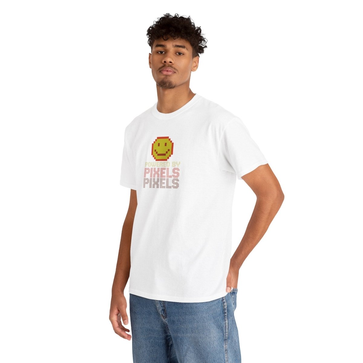 "Powered by Pixels" Unisex Tee: Retro Gamer Shirt, Cute Gaming Apparel, Gift for Gamers, Fun Graphic T-Shirt, Playful Pixelated Design CW - 2 Yellow Orange - AI Tee Hero