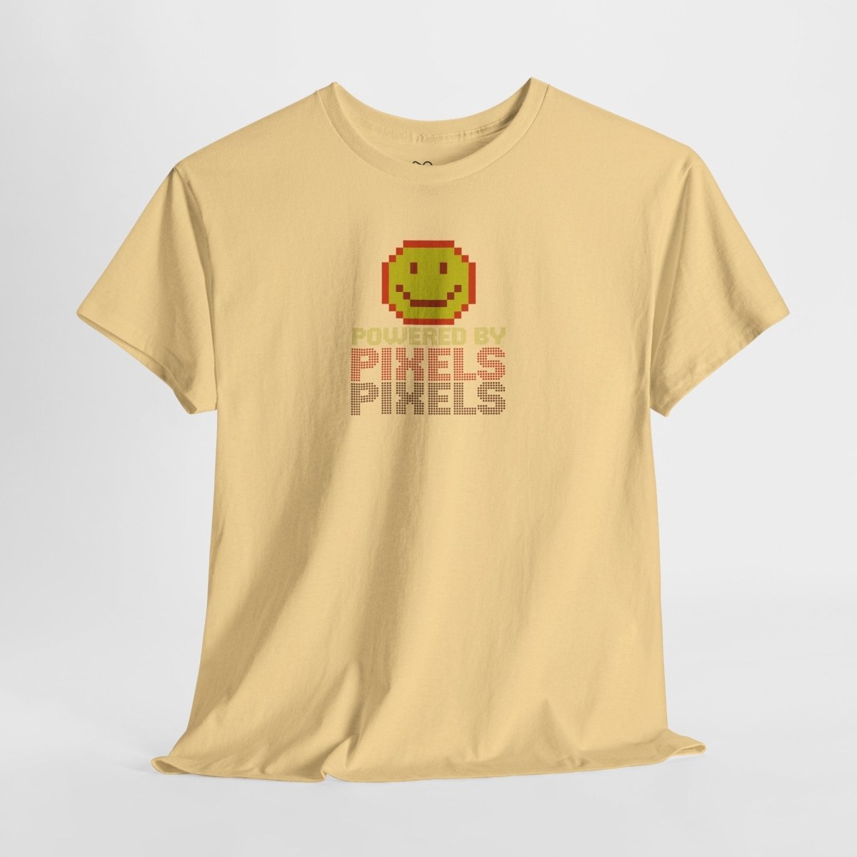 "Powered by Pixels" Unisex Tee: Retro Gamer Shirt, Cute Gaming Apparel, Gift for Gamers, Fun Graphic T-Shirt, Playful Pixelated Design CW - 2 Yellow Orange - AI Tee Hero
