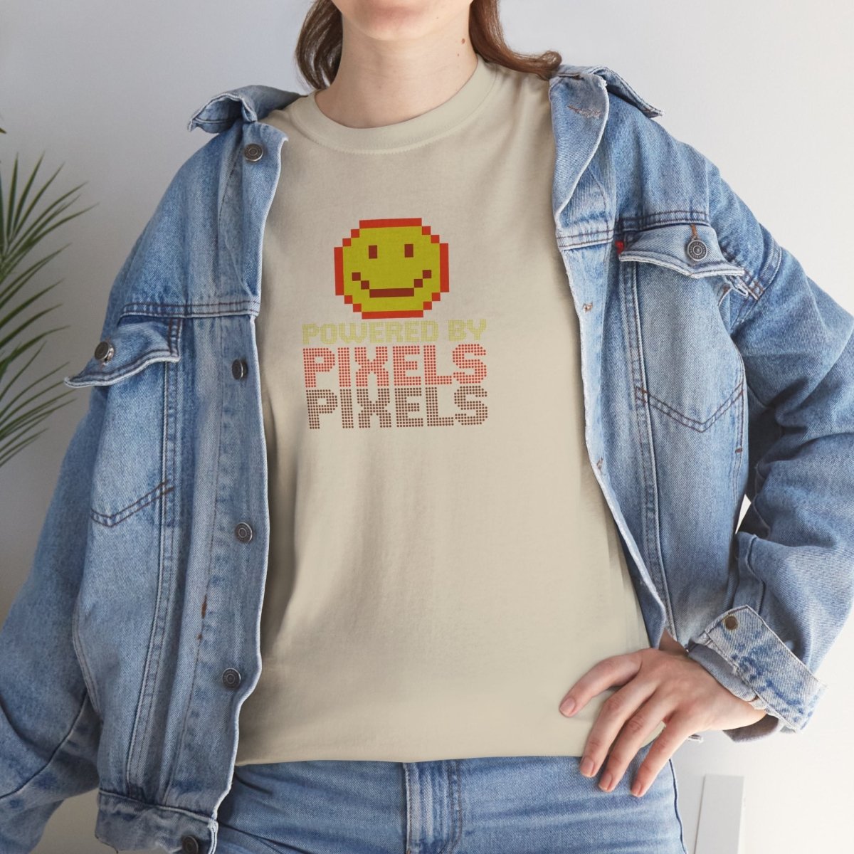 "Powered by Pixels" Unisex Tee: Retro Gamer Shirt, Cute Gaming Apparel, Gift for Gamers, Fun Graphic T-Shirt, Playful Pixelated Design CW - 2 Yellow Orange - AI Tee Hero