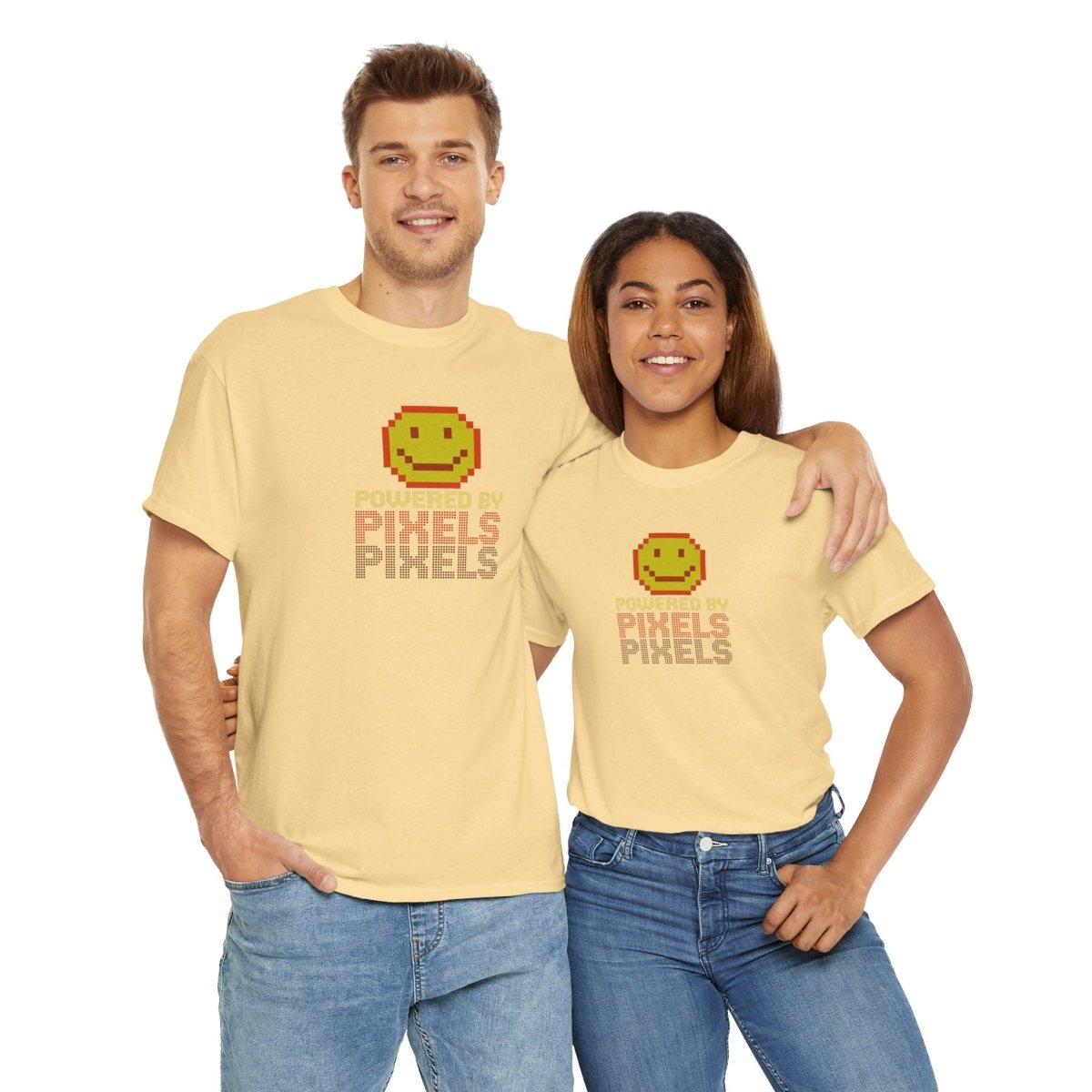 "Powered by Pixels" Unisex Tee: Retro Gamer Shirt, Cute Gaming Apparel, Gift for Gamers, Fun Graphic T-Shirt, Playful Pixelated Design CW - 2 Yellow Orange - AI Tee Hero