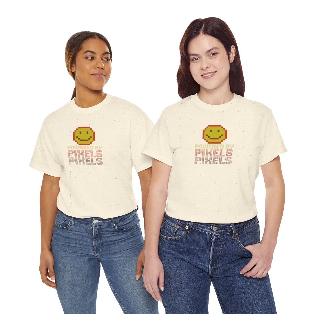 "Powered by Pixels" Unisex Tee: Retro Gamer Shirt, Cute Gaming Apparel, Gift for Gamers, Fun Graphic T-Shirt, Playful Pixelated Design CW - 2 Yellow Orange - AI Tee Hero