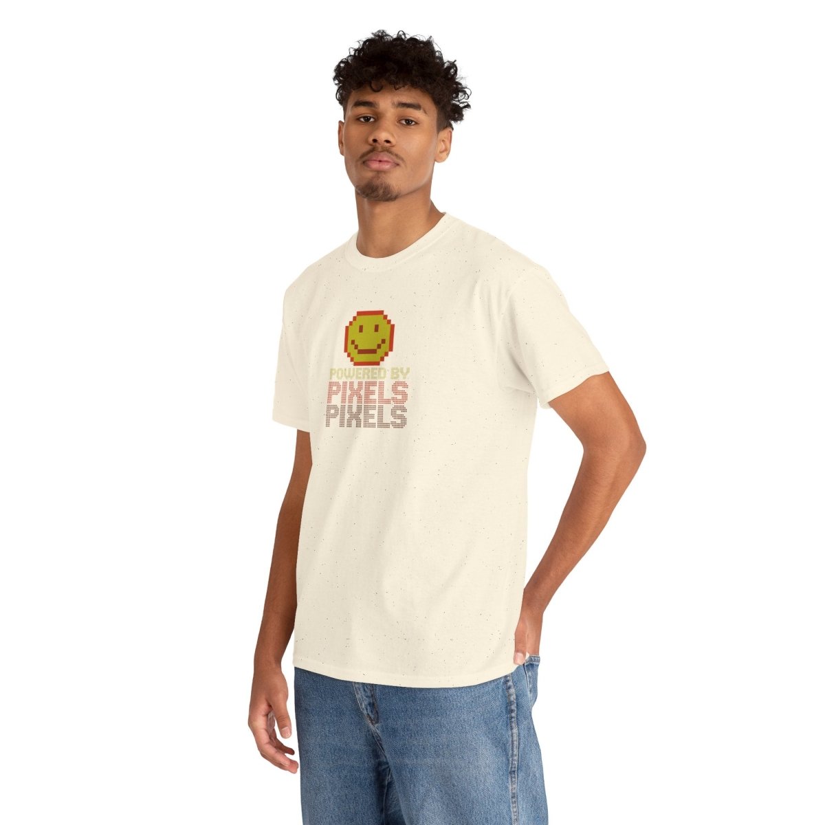 "Powered by Pixels" Unisex Tee: Retro Gamer Shirt, Cute Gaming Apparel, Gift for Gamers, Fun Graphic T-Shirt, Playful Pixelated Design CW - 2 Yellow Orange - AI Tee Hero