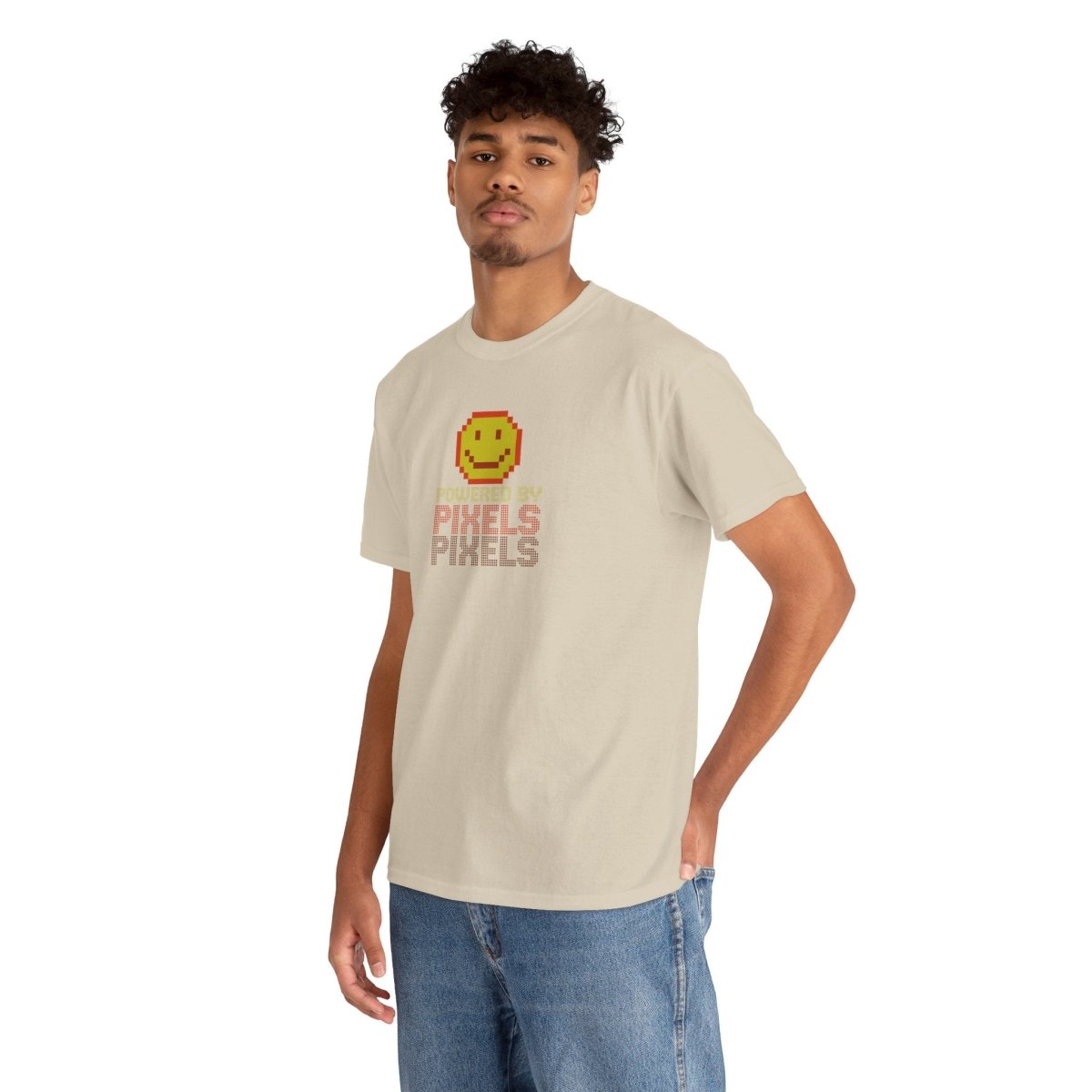 "Powered by Pixels" Unisex Tee: Retro Gamer Shirt, Cute Gaming Apparel, Gift for Gamers, Fun Graphic T-Shirt, Playful Pixelated Design CW - 2 Yellow Orange - AI Tee Hero
