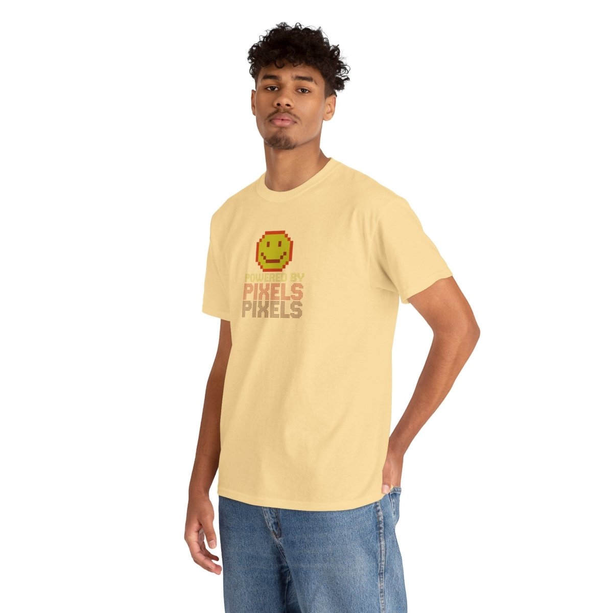"Powered by Pixels" Unisex Tee: Retro Gamer Shirt, Cute Gaming Apparel, Gift for Gamers, Fun Graphic T-Shirt, Playful Pixelated Design CW - 2 Yellow Orange - AI Tee Hero