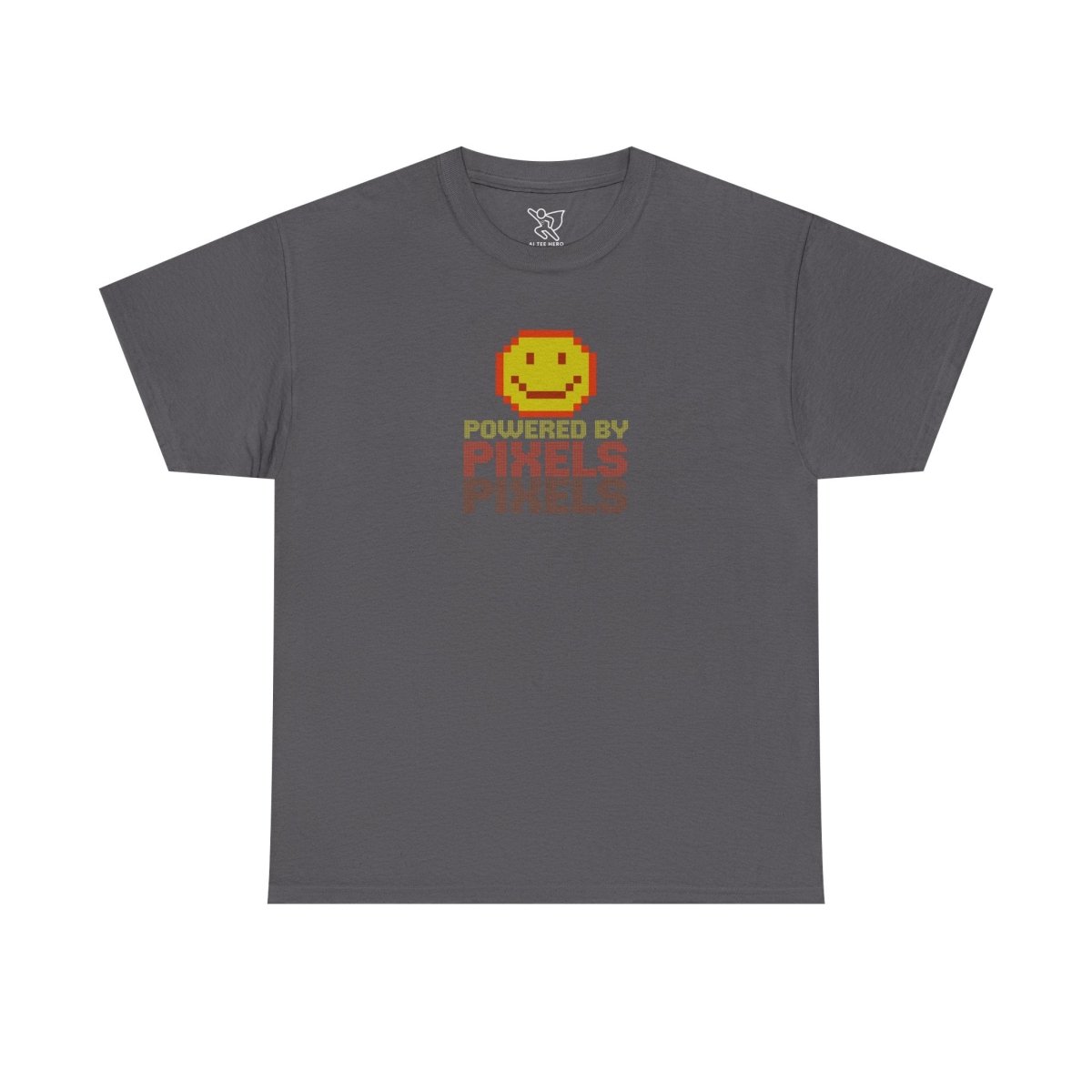 "Powered by Pixels" Unisex Tee: Retro Gamer Shirt, Cute Gaming Apparel, Gift for Gamers, Fun Graphic T-Shirt, Playful Pixelated Design CW - 2 Yellow Orange - AI Tee Hero