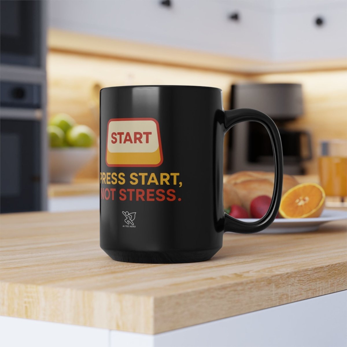 "Press Start, Not Stress" Black Mug, Gift for Gamers, Motivational Mug, Office Mug, Funny Mug - AI Tee Hero