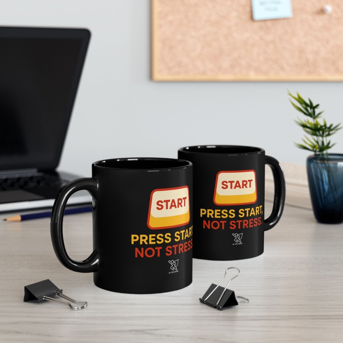 "Press Start, Not Stress" Black Mug, Gift for Gamers, Motivational Mug, Office Mug, Funny Mug - AI Tee Hero