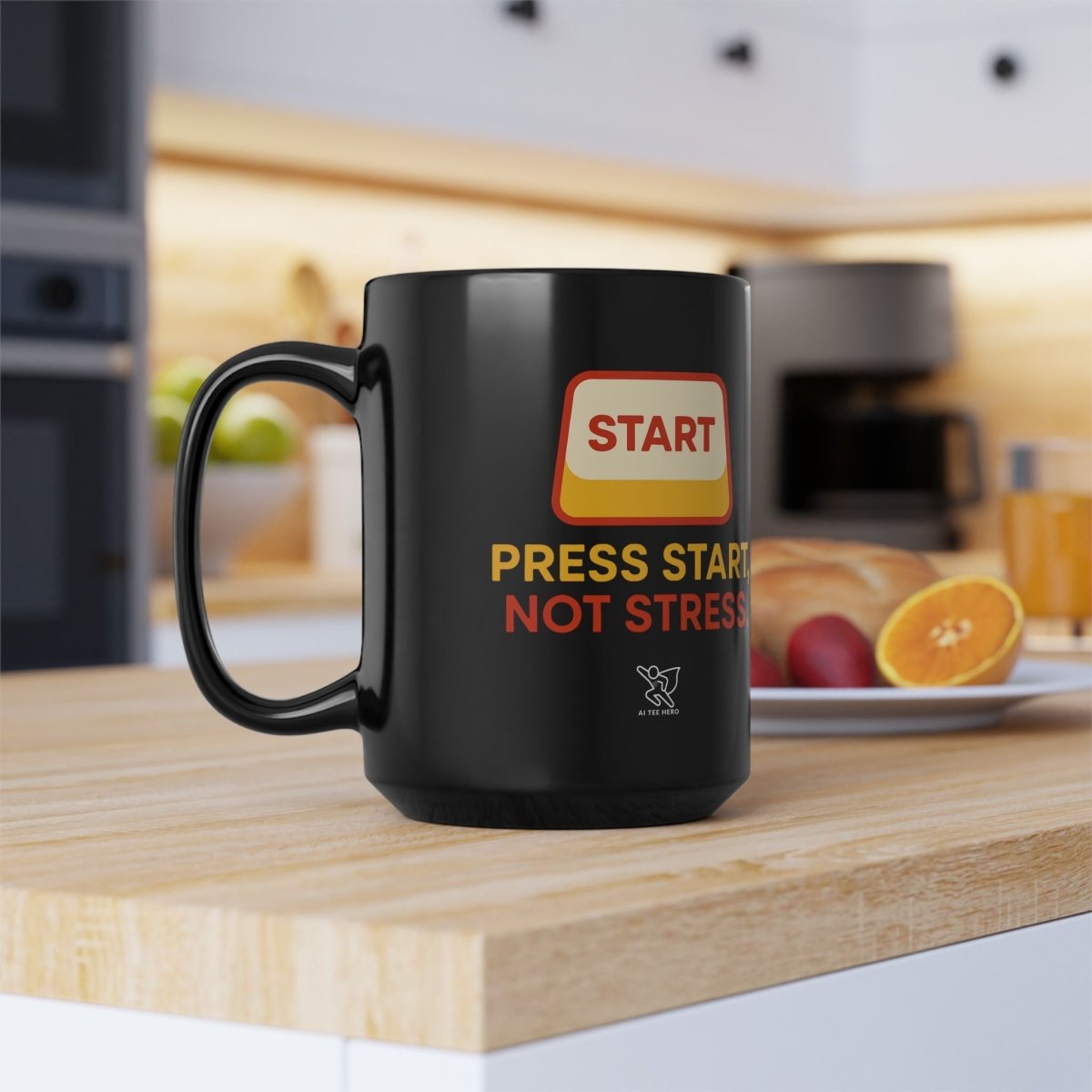 "Press Start, Not Stress" Black Mug, Gift for Gamers, Motivational Mug, Office Mug, Funny Mug - AI Tee Hero