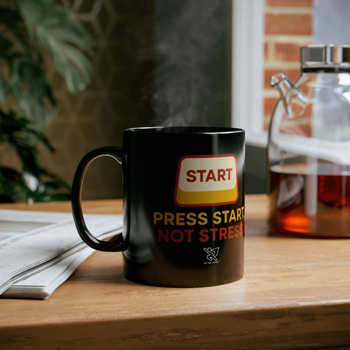 "Press Start, Not Stress" Black Mug, Gift for Gamers, Motivational Mug, Office Mug, Funny Mug - AI Tee Hero