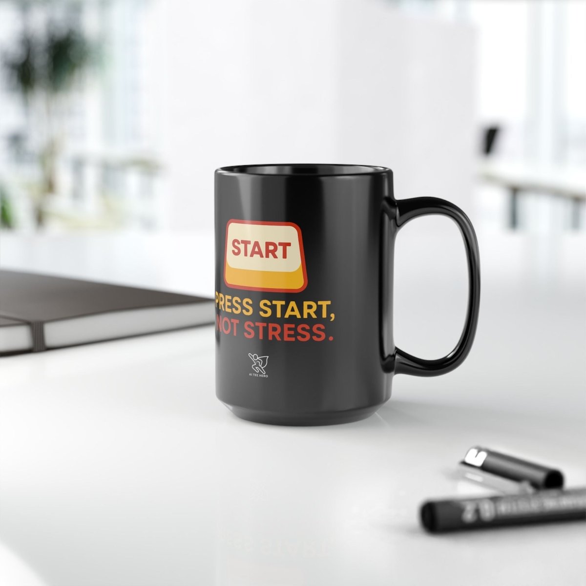 "Press Start, Not Stress" Black Mug, Gift for Gamers, Motivational Mug, Office Mug, Funny Mug - AI Tee Hero