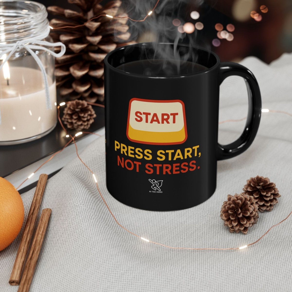 "Press Start, Not Stress" Black Mug, Gift for Gamers, Motivational Mug, Office Mug, Funny Mug - AI Tee Hero