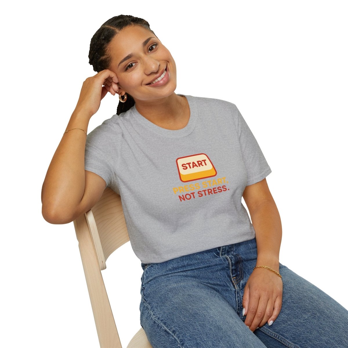 "Press Start, Not Stress" Unisex T-Shirt - Relaxed Fit Gaming Tee, Gift for Gamers, Fun Stress Relief Shirt, Casual Everyday Wear CW - 1 Yellow Orange - AI Tee Hero