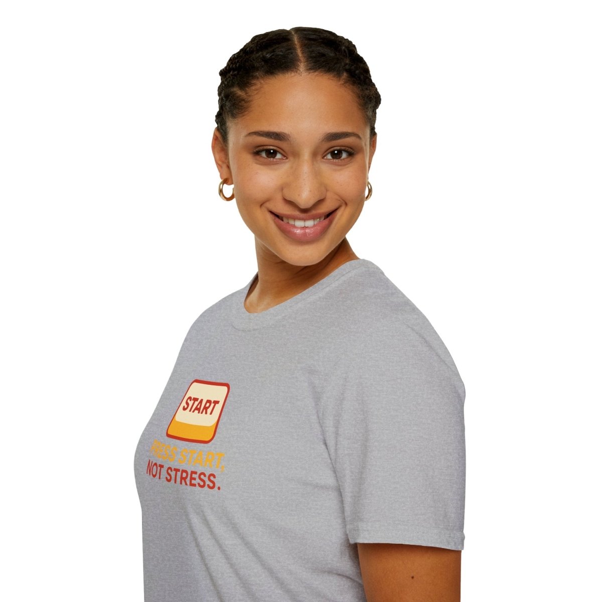 "Press Start, Not Stress" Unisex T-Shirt - Relaxed Fit Gaming Tee, Gift for Gamers, Fun Stress Relief Shirt, Casual Everyday Wear CW - 1 Yellow Orange - AI Tee Hero