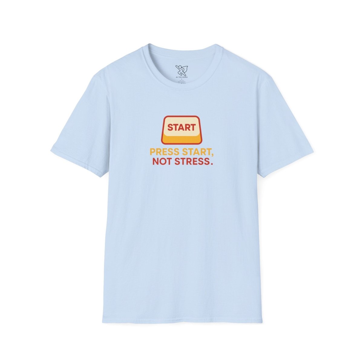 "Press Start, Not Stress" Unisex T-Shirt - Relaxed Fit Gaming Tee, Gift for Gamers, Fun Stress Relief Shirt, Casual Everyday Wear CW - 1 Yellow Orange - AI Tee Hero
