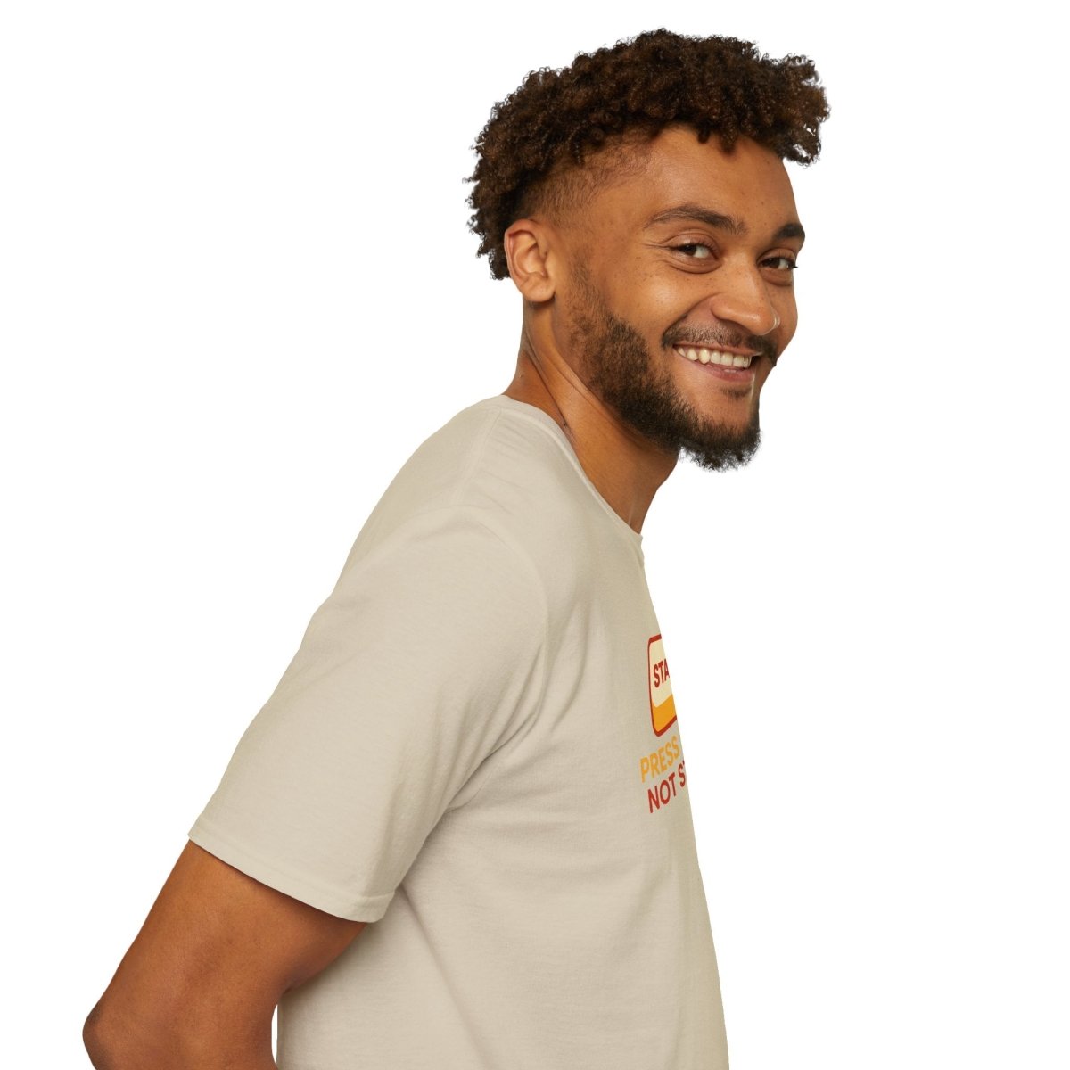 "Press Start, Not Stress" Unisex T-Shirt - Relaxed Fit Gaming Tee, Gift for Gamers, Fun Stress Relief Shirt, Casual Everyday Wear CW - 1 Yellow Orange - AI Tee Hero