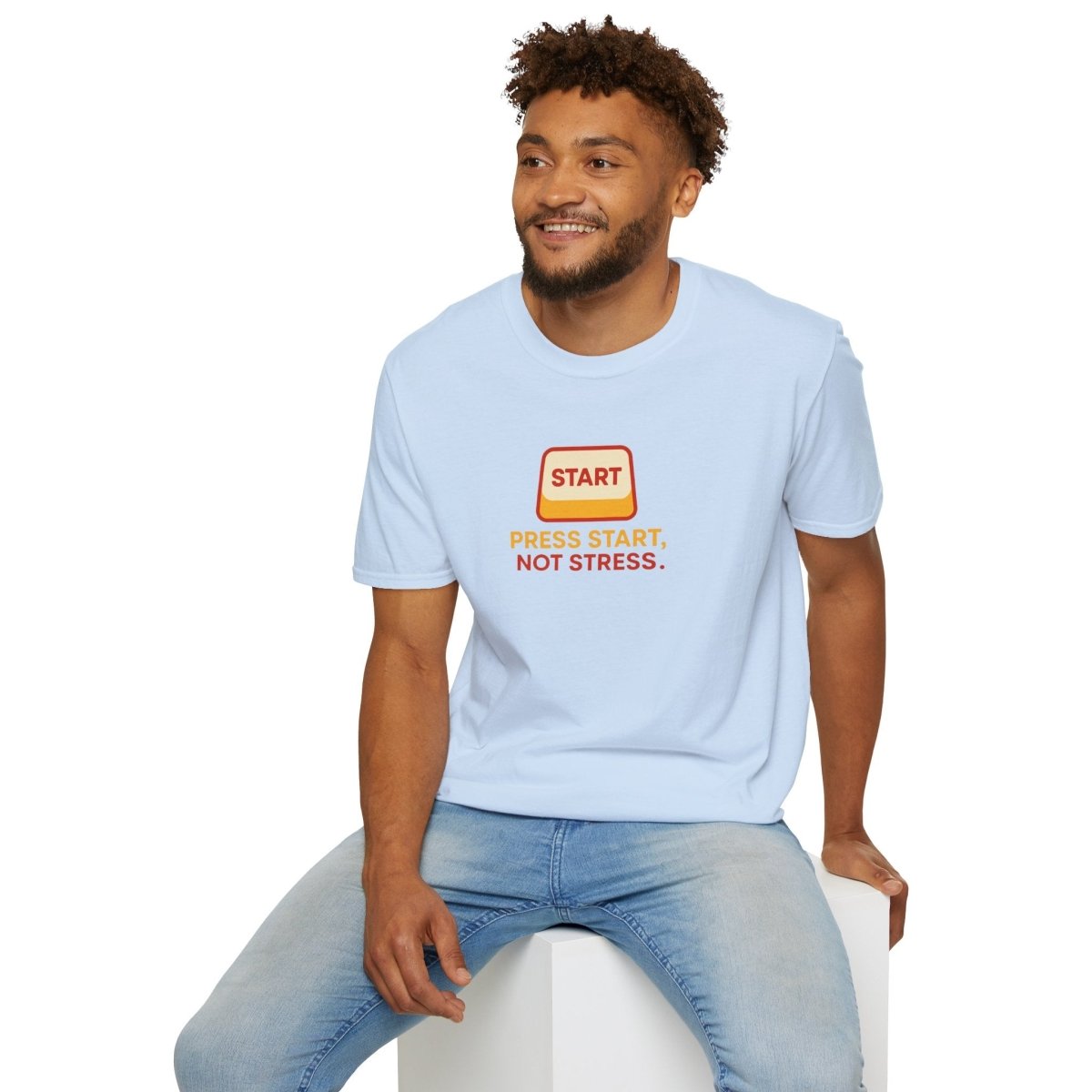 "Press Start, Not Stress" Unisex T-Shirt - Relaxed Fit Gaming Tee, Gift for Gamers, Fun Stress Relief Shirt, Casual Everyday Wear CW - 1 Yellow Orange - AI Tee Hero