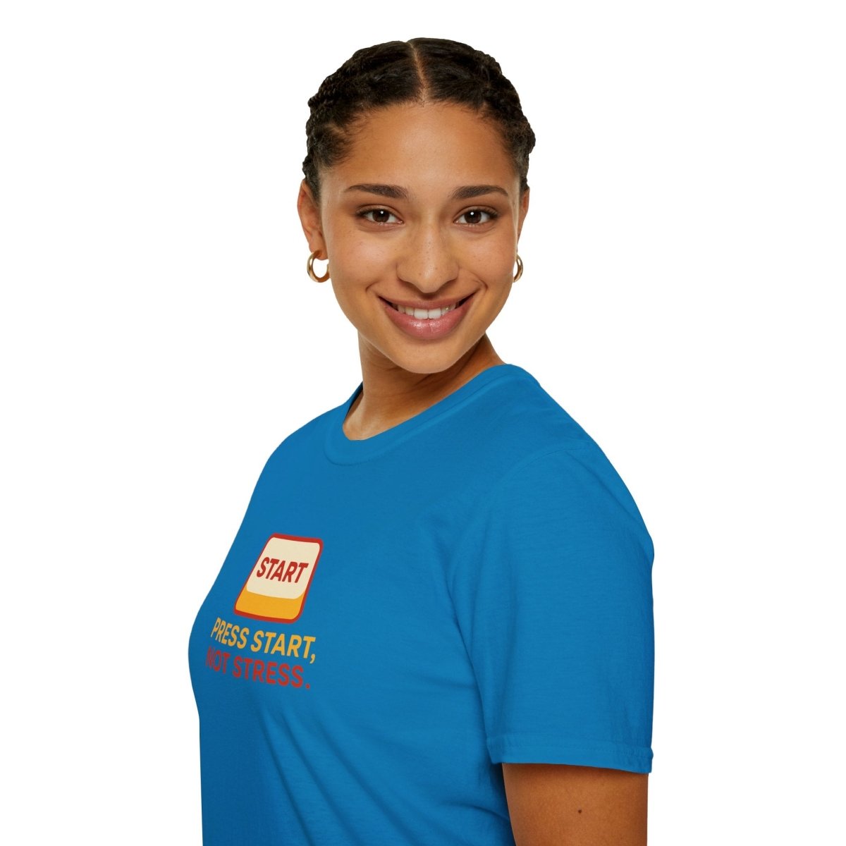 "Press Start, Not Stress" Unisex T-Shirt - Relaxed Fit Gaming Tee, Gift for Gamers, Fun Stress Relief Shirt, Casual Everyday Wear CW - 1 Yellow Orange - AI Tee Hero