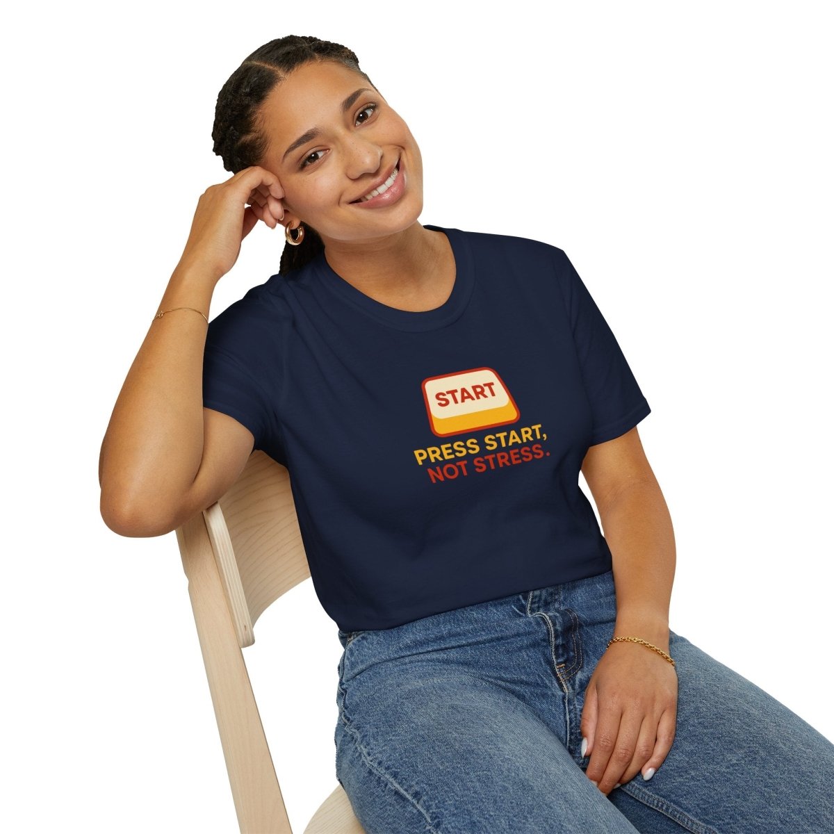 "Press Start, Not Stress" Unisex T-Shirt - Relaxed Fit Gaming Tee, Gift for Gamers, Fun Stress Relief Shirt, Casual Everyday Wear CW - 1 Yellow Orange - AI Tee Hero