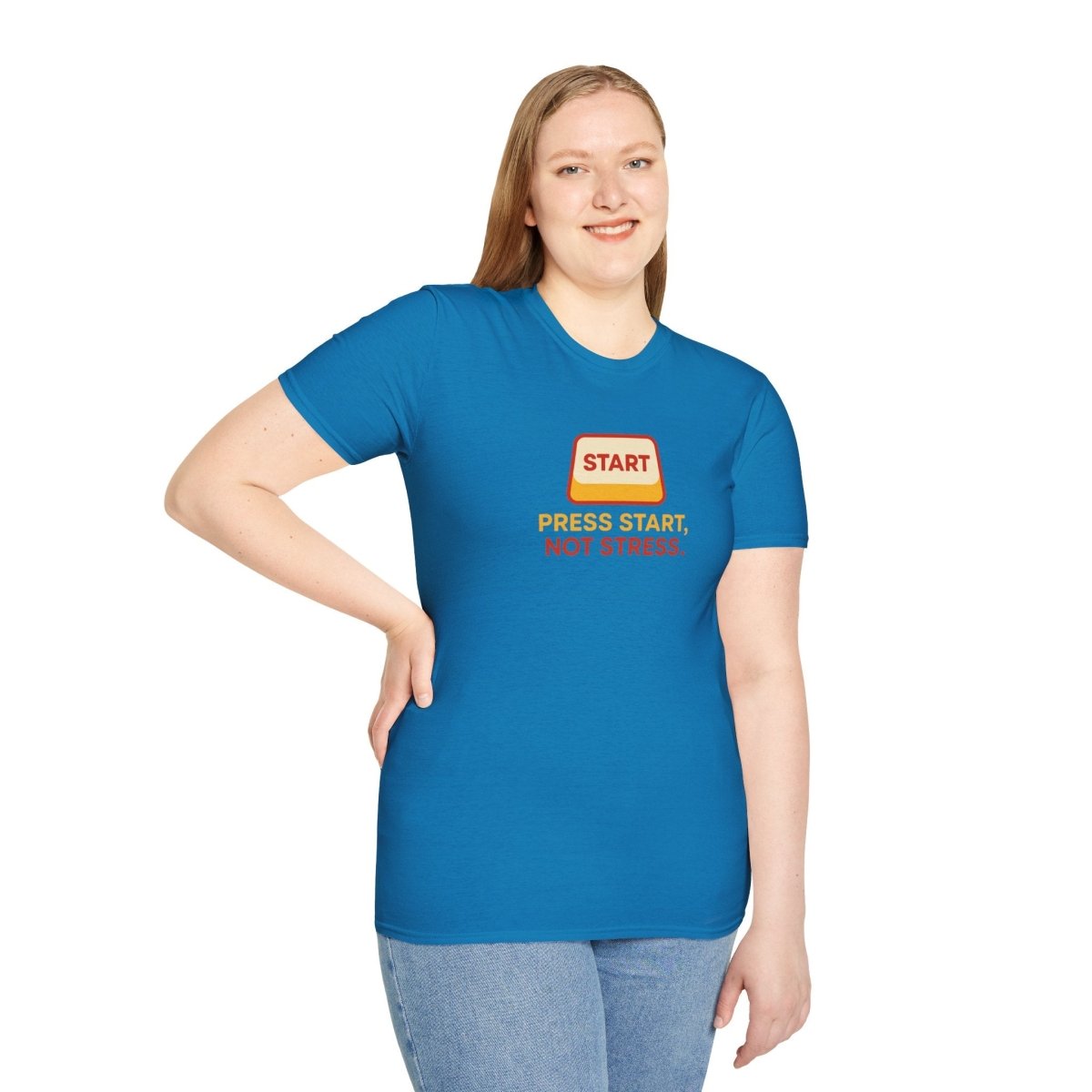 "Press Start, Not Stress" Unisex T-Shirt - Relaxed Fit Gaming Tee, Gift for Gamers, Fun Stress Relief Shirt, Casual Everyday Wear CW - 1 Yellow Orange - AI Tee Hero