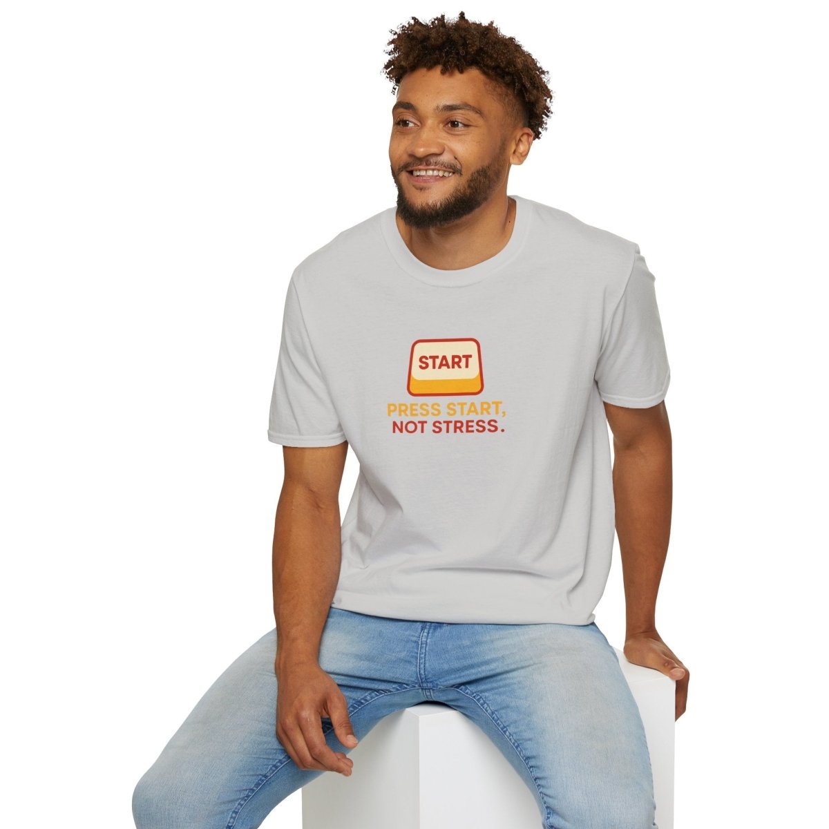 "Press Start, Not Stress" Unisex T-Shirt - Relaxed Fit Gaming Tee, Gift for Gamers, Fun Stress Relief Shirt, Casual Everyday Wear CW - 1 Yellow Orange - AI Tee Hero