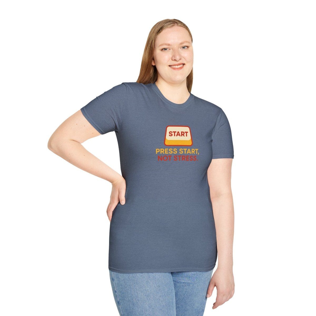 "Press Start, Not Stress" Unisex T-Shirt - Relaxed Fit Gaming Tee, Gift for Gamers, Fun Stress Relief Shirt, Casual Everyday Wear CW - 1 Yellow Orange - AI Tee Hero
