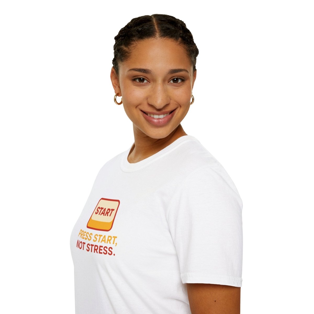 "Press Start, Not Stress" Unisex T-Shirt - Relaxed Fit Gaming Tee, Gift for Gamers, Fun Stress Relief Shirt, Casual Everyday Wear CW - 1 Yellow Orange - AI Tee Hero