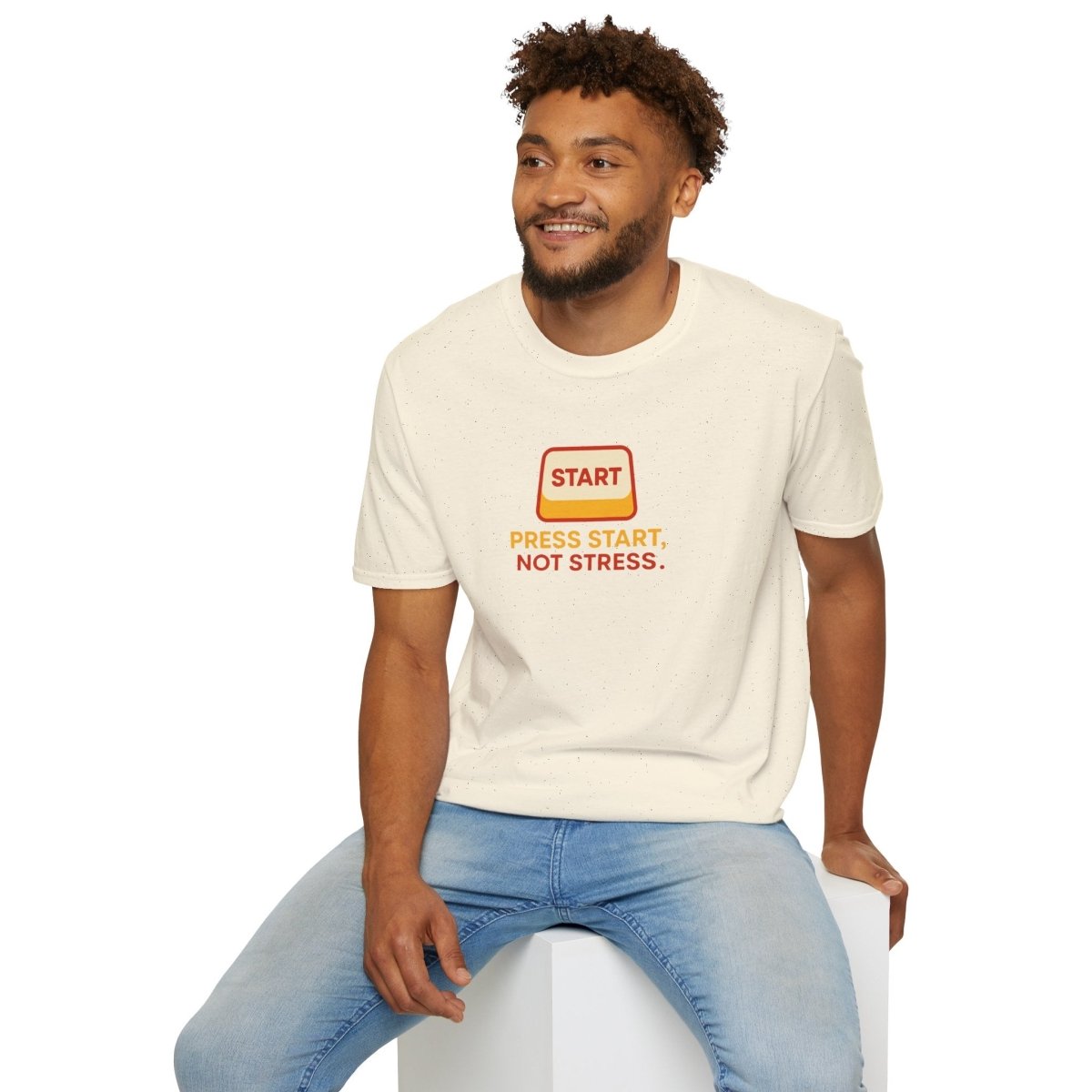 "Press Start, Not Stress" Unisex T-Shirt - Relaxed Fit Gaming Tee, Gift for Gamers, Fun Stress Relief Shirt, Casual Everyday Wear CW - 1 Yellow Orange - AI Tee Hero