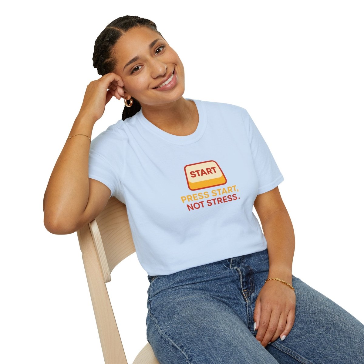 "Press Start, Not Stress" Unisex T-Shirt - Relaxed Fit Gaming Tee, Gift for Gamers, Fun Stress Relief Shirt, Casual Everyday Wear CW - 1 Yellow Orange - AI Tee Hero