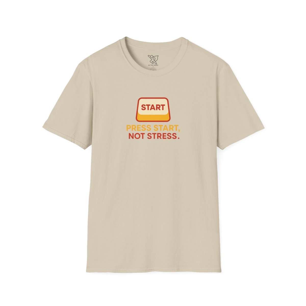 "Press Start, Not Stress" Unisex T-Shirt - Relaxed Fit Gaming Tee, Gift for Gamers, Fun Stress Relief Shirt, Casual Everyday Wear CW - 1 Yellow Orange - AI Tee Hero