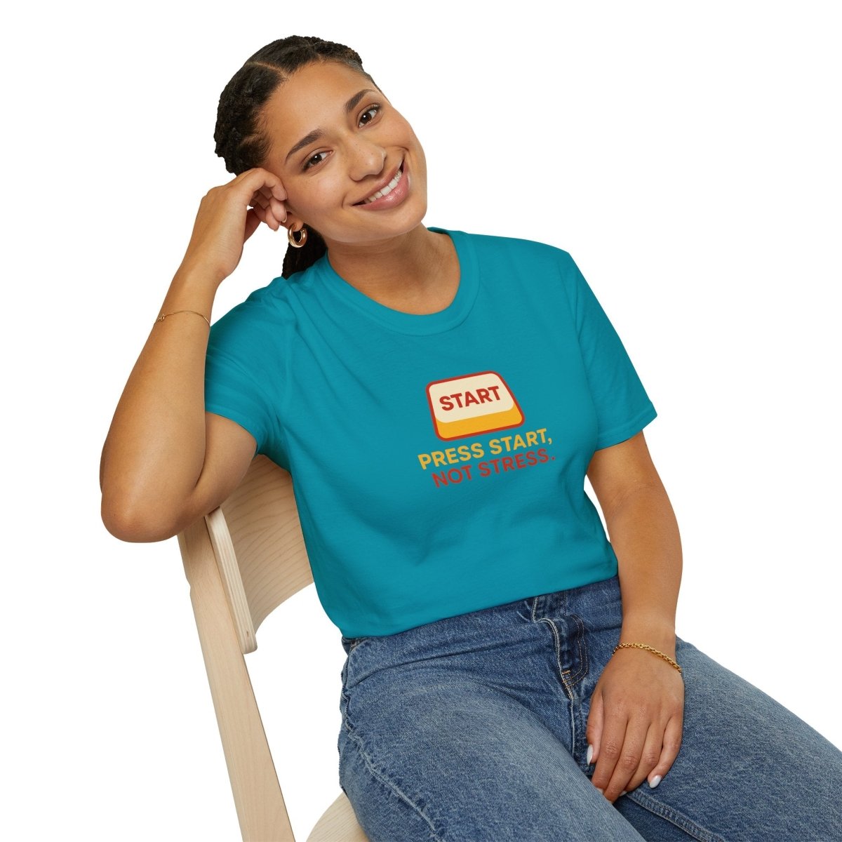 "Press Start, Not Stress" Unisex T-Shirt - Relaxed Fit Gaming Tee, Gift for Gamers, Fun Stress Relief Shirt, Casual Everyday Wear CW - 1 Yellow Orange - AI Tee Hero
