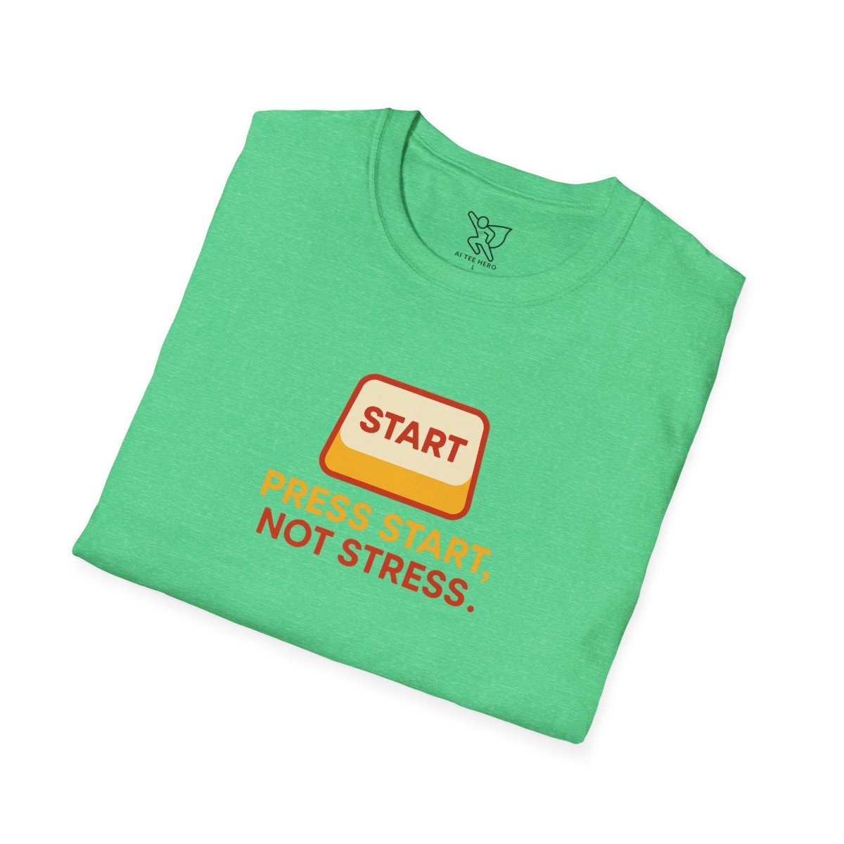 "Press Start, Not Stress" Unisex T-Shirt - Relaxed Fit Gaming Tee, Gift for Gamers, Fun Stress Relief Shirt, Casual Everyday Wear CW - 1 Yellow Orange - AI Tee Hero