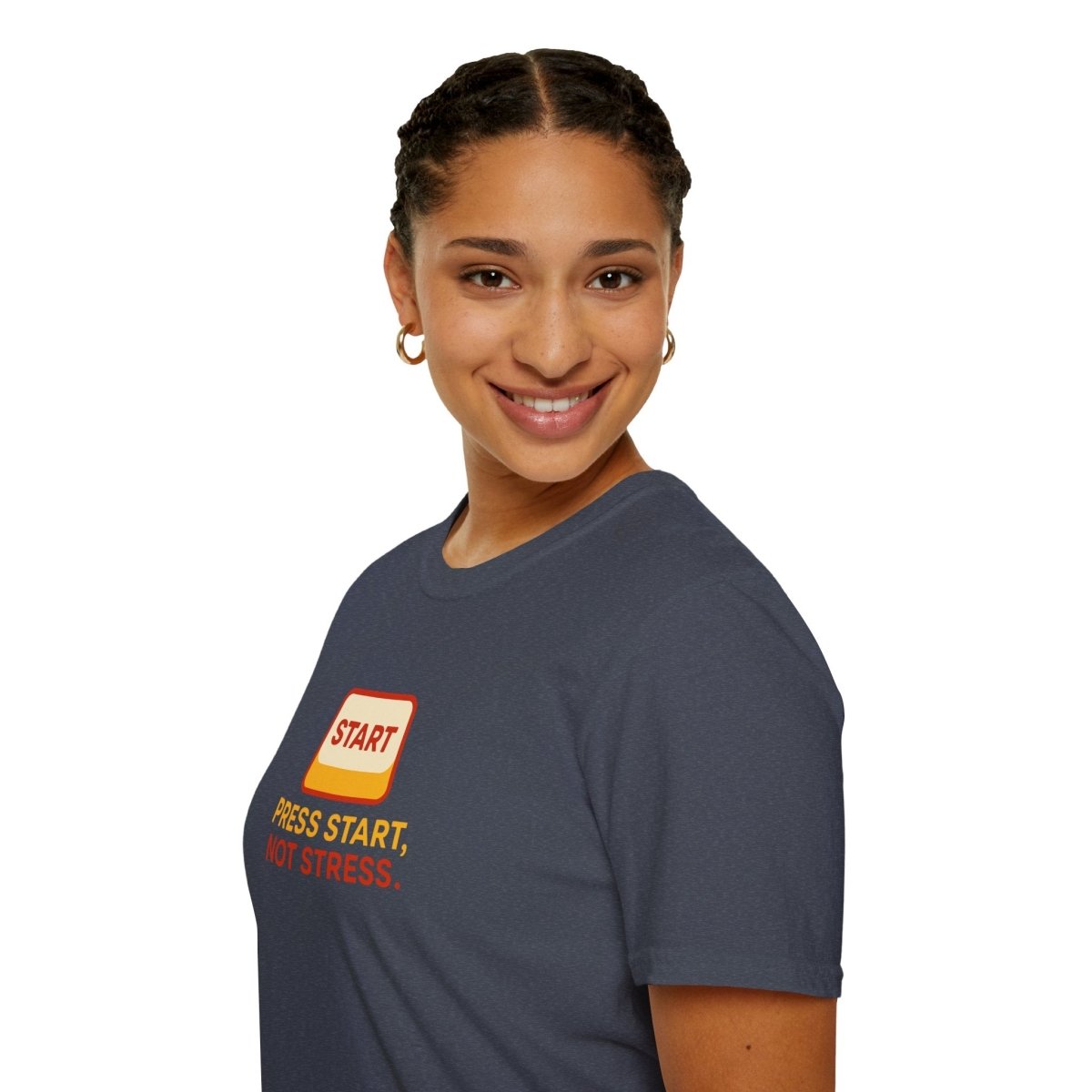 "Press Start, Not Stress" Unisex T-Shirt - Relaxed Fit Gaming Tee, Gift for Gamers, Fun Stress Relief Shirt, Casual Everyday Wear CW - 1 Yellow Orange - AI Tee Hero