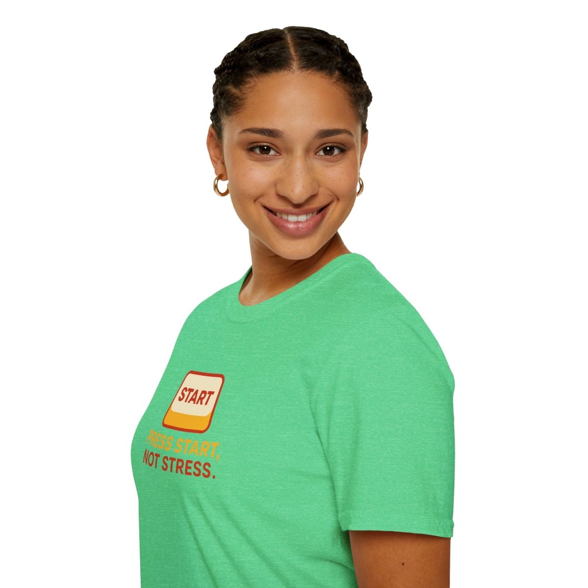 "Press Start, Not Stress" Unisex T-Shirt - Relaxed Fit Gaming Tee, Gift for Gamers, Fun Stress Relief Shirt, Casual Everyday Wear CW - 1 Yellow Orange - AI Tee Hero