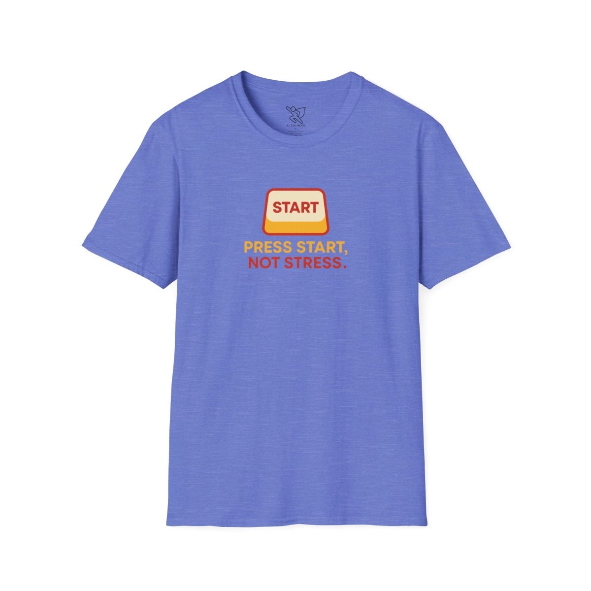 "Press Start, Not Stress" Unisex T-Shirt - Relaxed Fit Gaming Tee, Gift for Gamers, Fun Stress Relief Shirt, Casual Everyday Wear CW - 1 Yellow Orange - AI Tee Hero