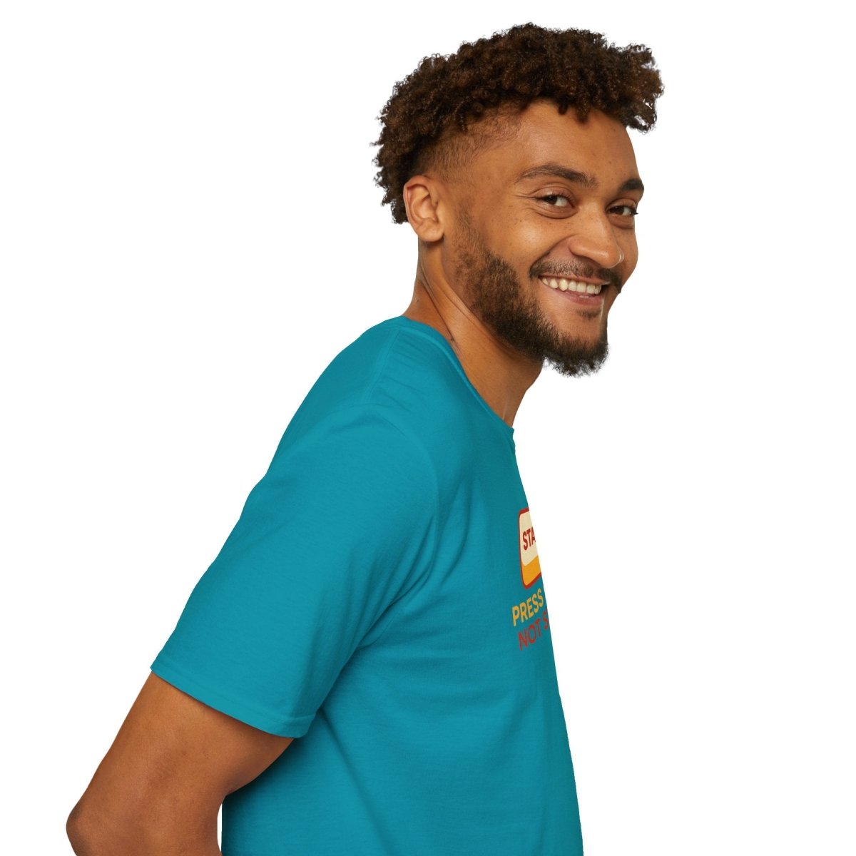 "Press Start, Not Stress" Unisex T-Shirt - Relaxed Fit Gaming Tee, Gift for Gamers, Fun Stress Relief Shirt, Casual Everyday Wear CW - 1 Yellow Orange - AI Tee Hero