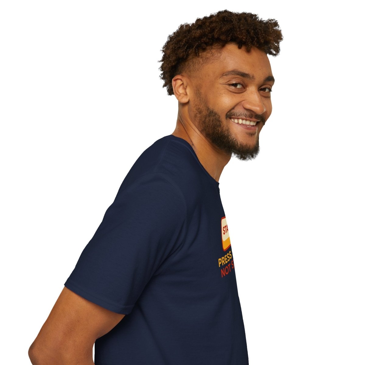 "Press Start, Not Stress" Unisex T-Shirt - Relaxed Fit Gaming Tee, Gift for Gamers, Fun Stress Relief Shirt, Casual Everyday Wear CW - 1 Yellow Orange - AI Tee Hero